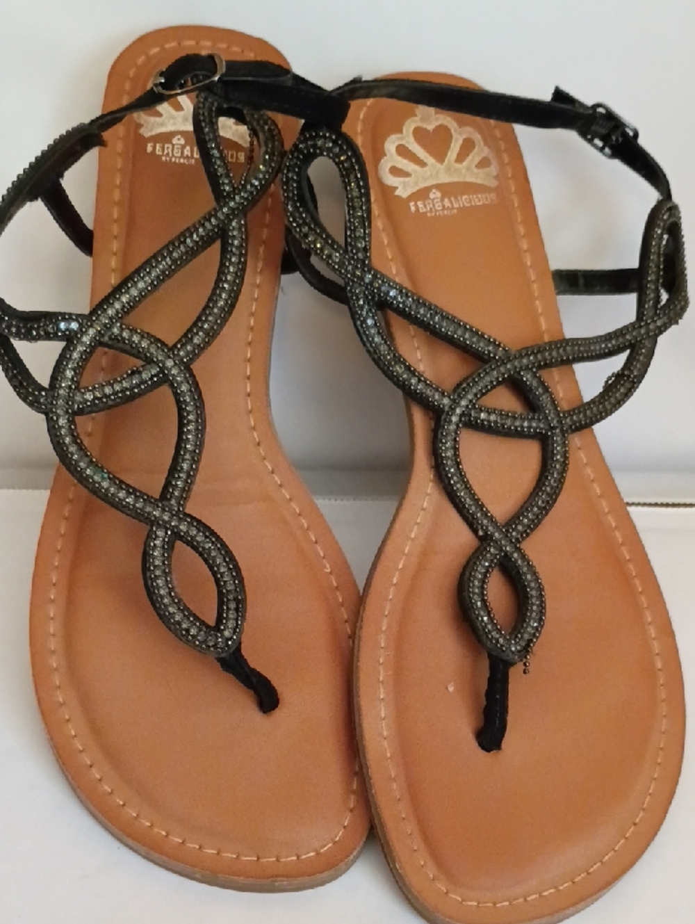 Fergalicious Black Braided T-Strap Sandals with Sparkle